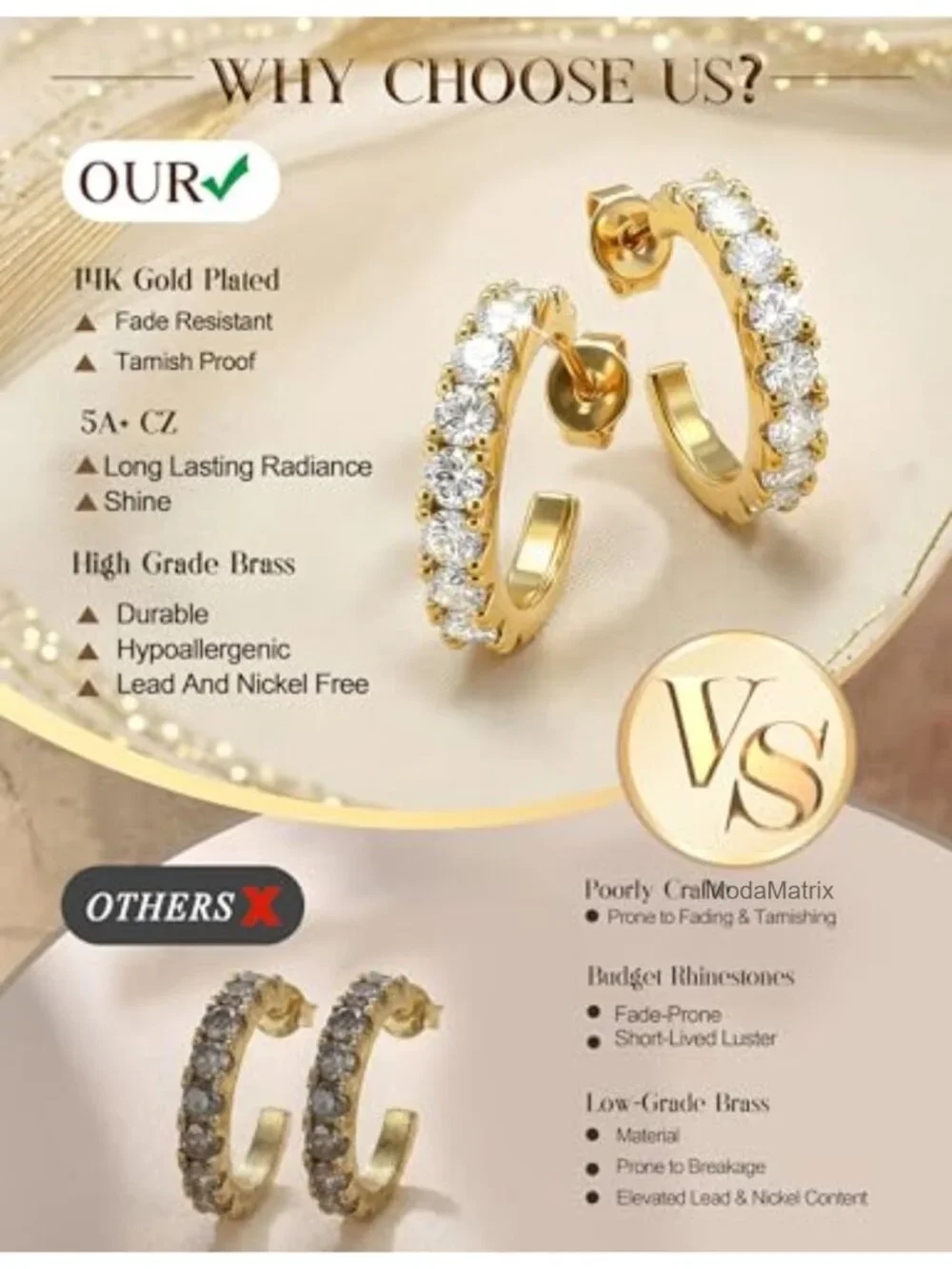 14K Gold Plated Hoop Earrings Stacks - 3 Pairs Huggie Hoops Hypoallergenic Non